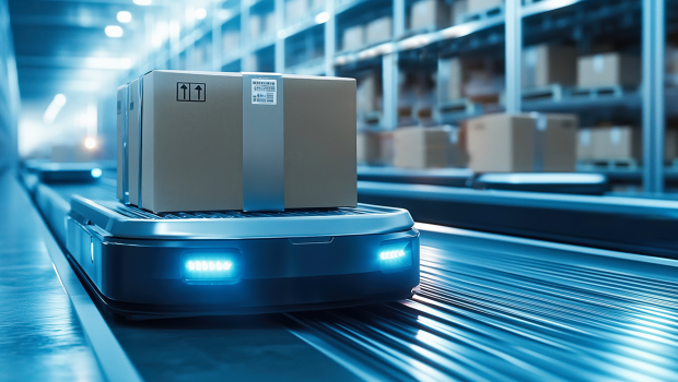 Mobiler Roboter in einem Lagerhaus transportiert ein Paket.