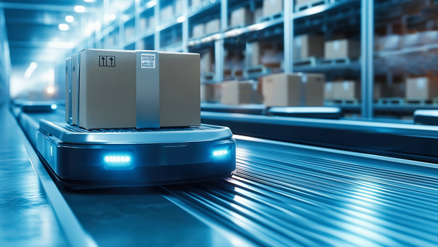 Mobiler Roboter in einem Lagerhaus transportiert ein Paket.
