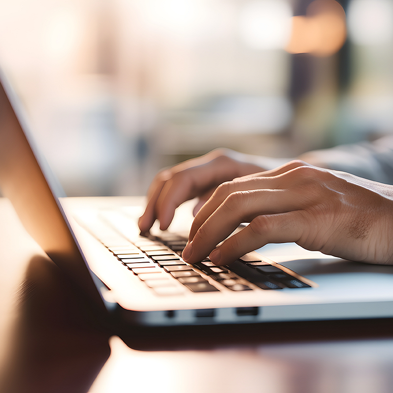 Person sitzt am Laptop. Man kann nur die Hände sehen, die auf der Tastatur liegen.