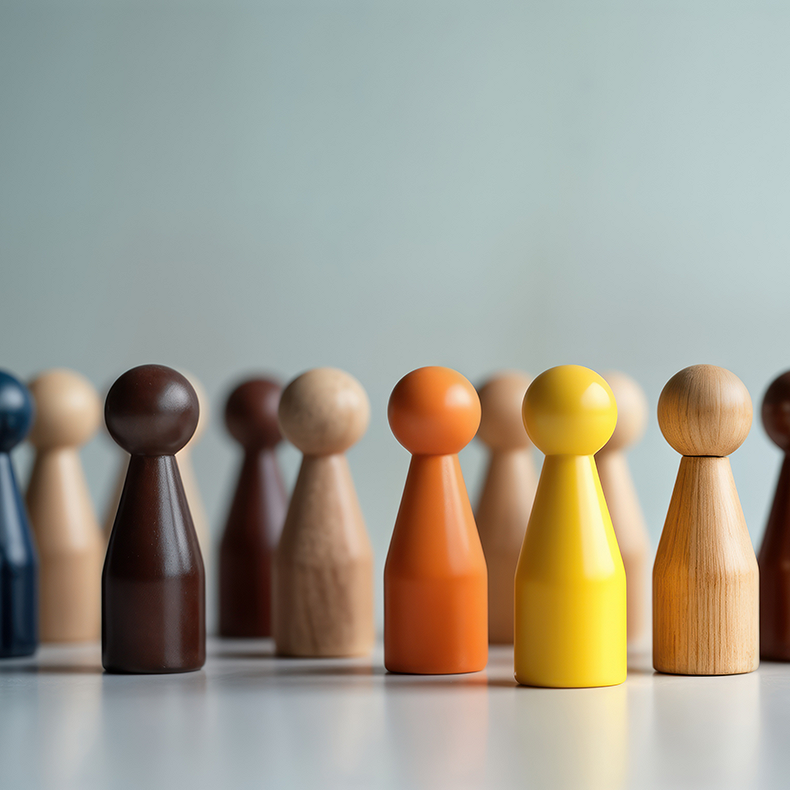 Bunte Spielpüppchen aus Holz stehen auf einem Tisch als Symbol für eine diverse Gemeinschaft.