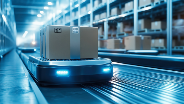 Mobiler Roboter in einem Lagerhaus transportiert ein Paket.