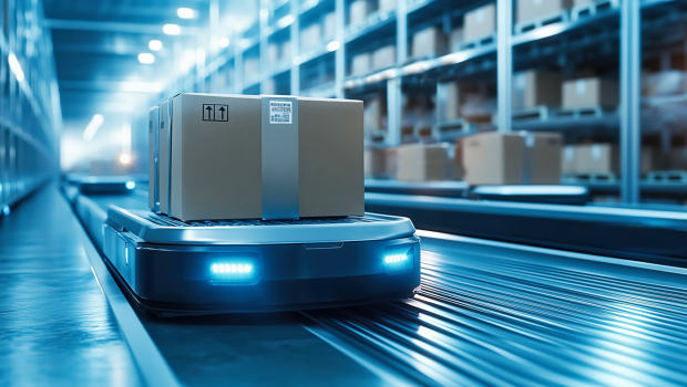 Mobiler Roboter in einem Lagerhaus transportiert ein Paket.