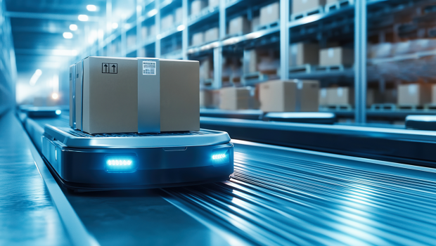 Mobiler Roboter in einem Lagerhaus transportiert ein Paket.