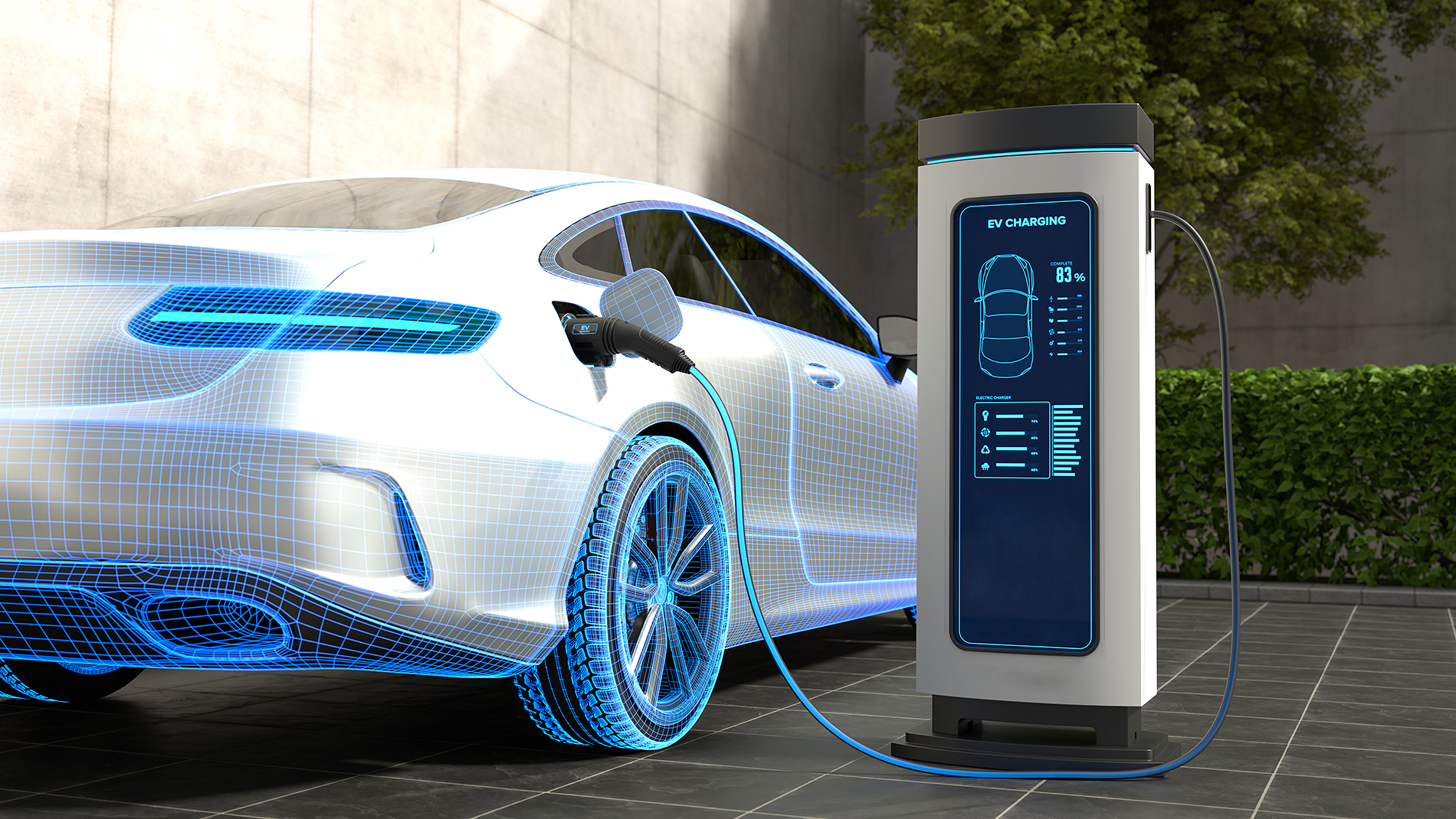 Elektrisches Auto wird geladen. Die Ladesäule zeigt 83 Prozent an, die bereits geladen sind.