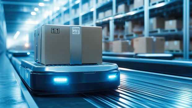 Mobile Robot Transporting a Package in a Warehouse