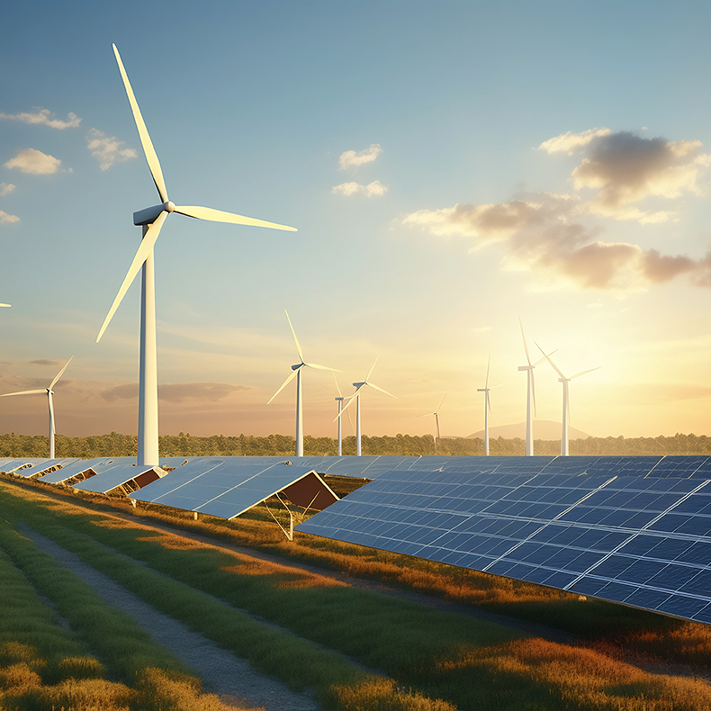 Photovoltaic system and several wind turbines in a field