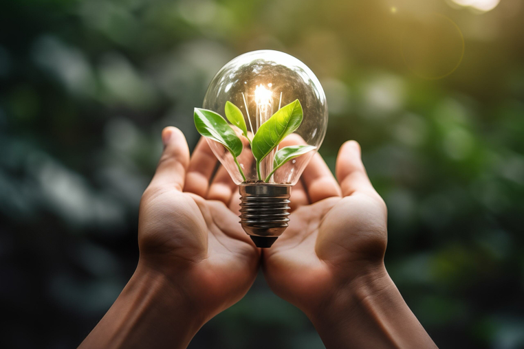 Innovation Two hands are holding a light bulb that contains green leaves