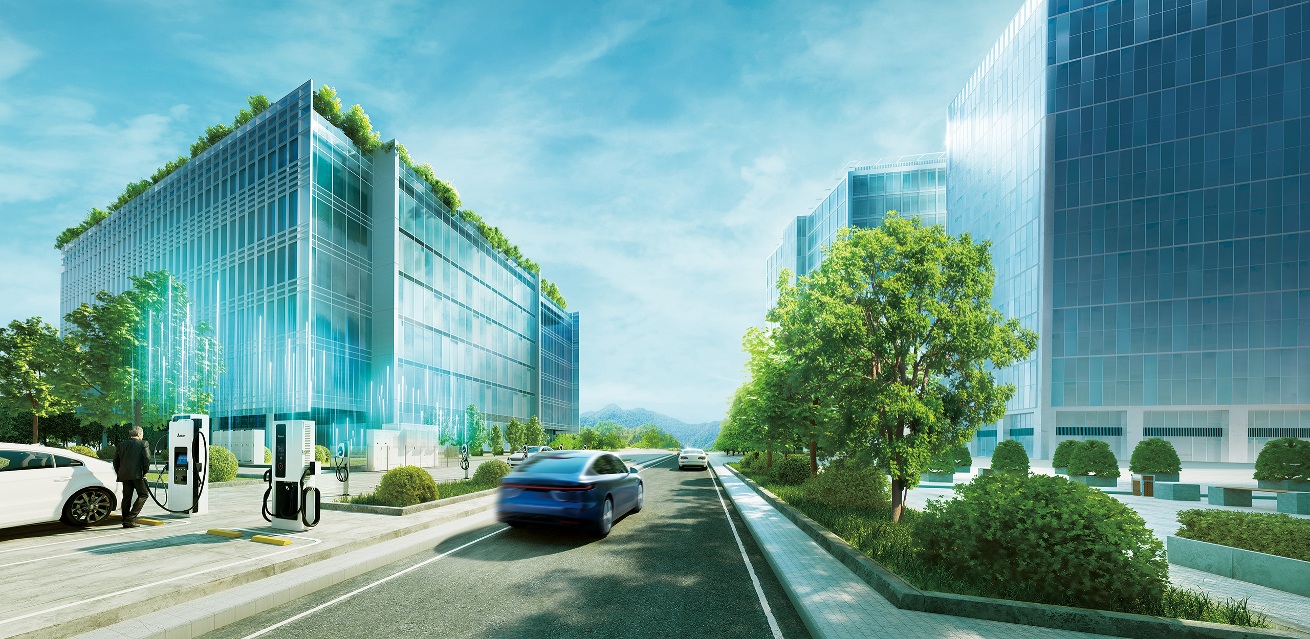About us Modern buildings with green roofs, a street with cars driving on it, and a car parked at a charging station by the roadside